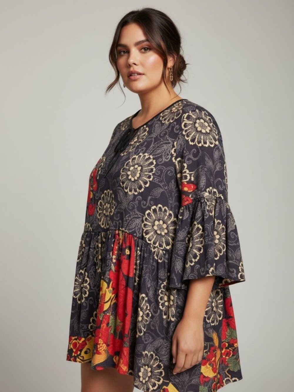 3 Potato Artsy Floral Batik Bishop Sleeve Boho Fairy Dress Tie Neck Sz M